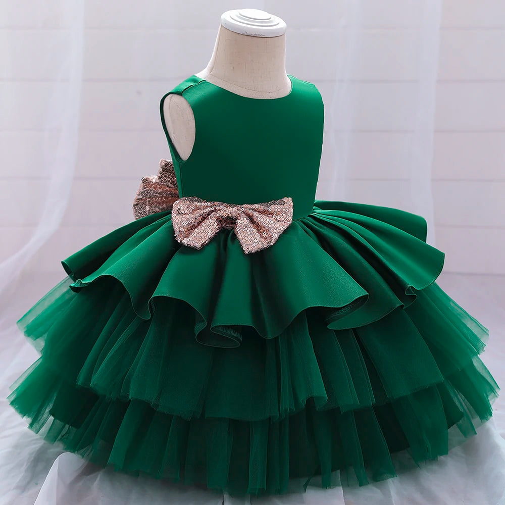 Summer Sequin Big Bow Baby Girl Dress Tulle 1st First Birthday Party Wedding Dress For Girl Princess Evening Dresses Kid Clothes