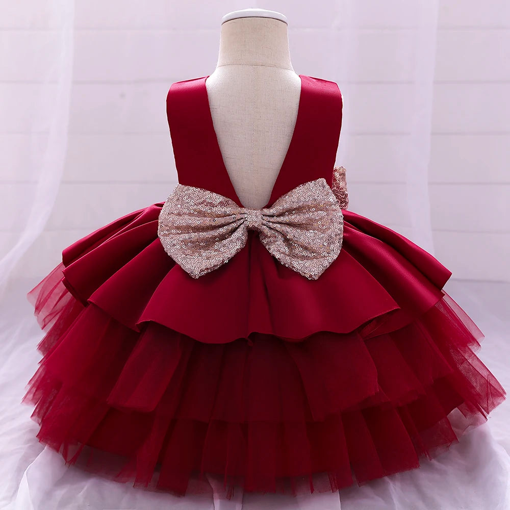 Summer Sequin Big Bow Baby Girl Dress Tulle 1st First Birthday Party Wedding Dress For Girl Princess Evening Dresses Kid Clothes