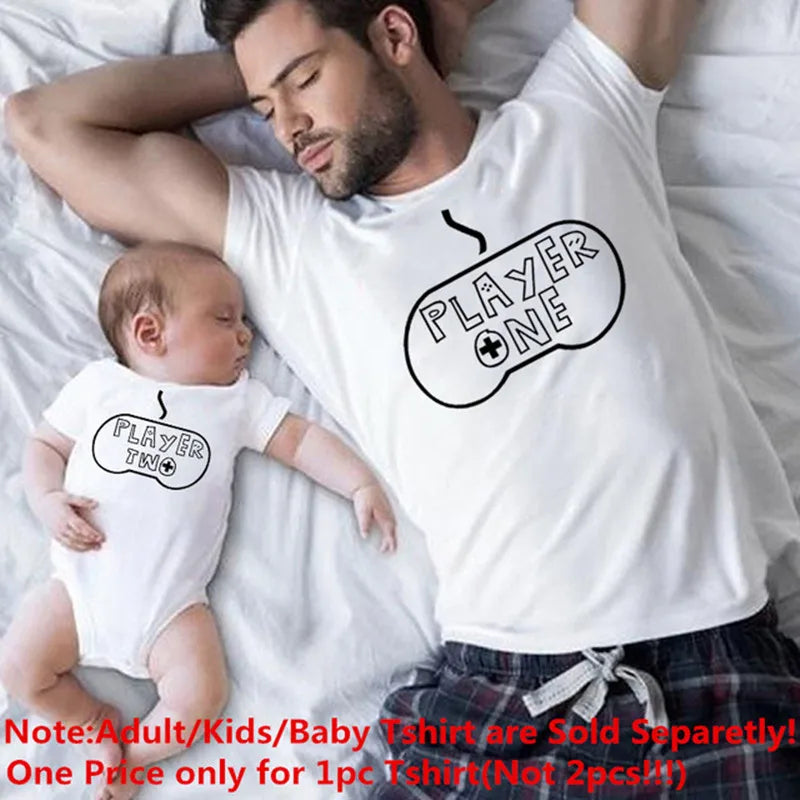Player 1 Player 2 Matching Family Clothes Father Mother Kids Tshirts Dad Boy Match Tops Players Shirts Family Look Clothes