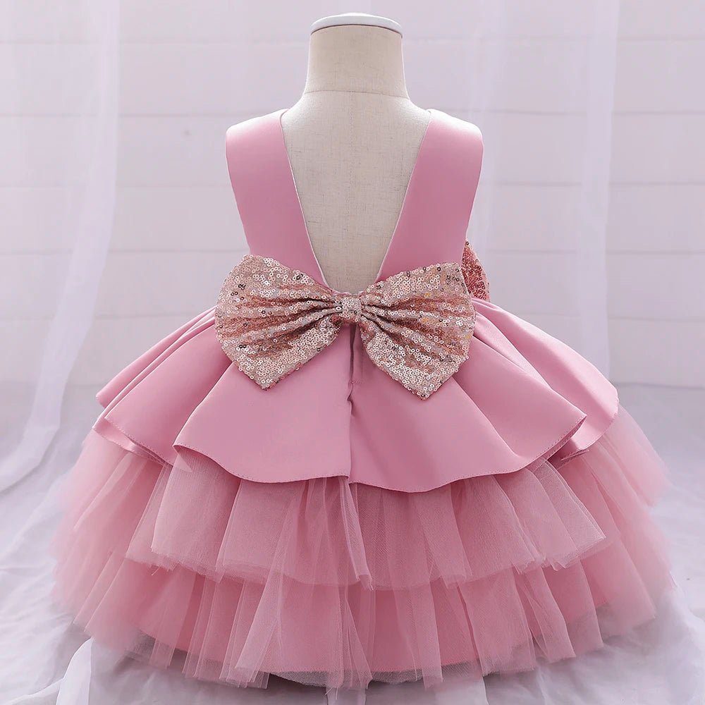 Summer Sequin Big Bow Baby Girl Dress Tulle 1st First Birthday Party Wedding Dress For Girl Princess Evening Dresses Kid Clothes