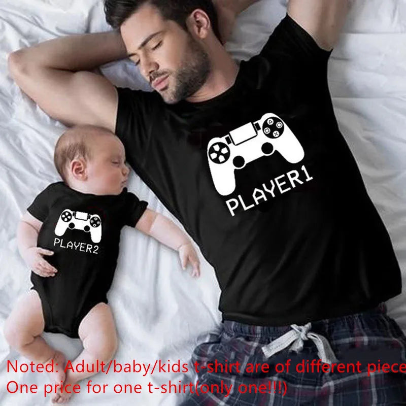 Player 1 Player 2 Matching Family Clothes Father Mother Kids Tshirts Dad Boy Match Tops Players Shirts Family Look Clothes