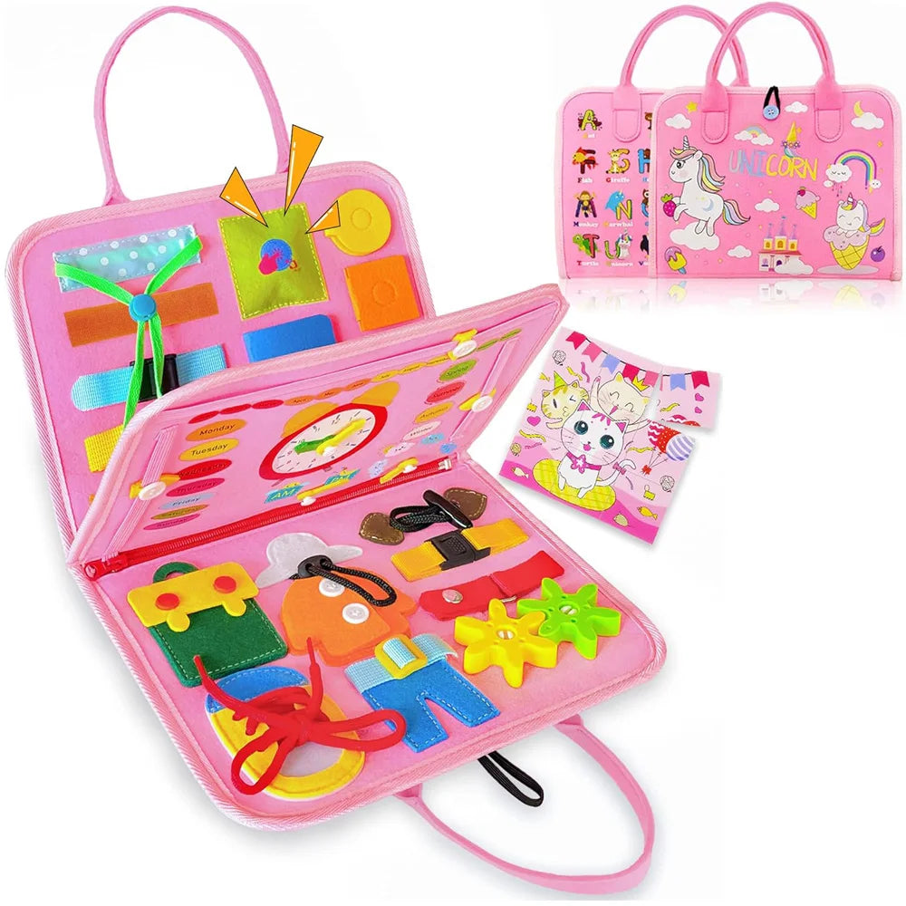 Toddler Busy Board Montessori Toys Learning Educational Activities Travel Toy Dinosaur Dress up Sensory Life Skill Backpack
