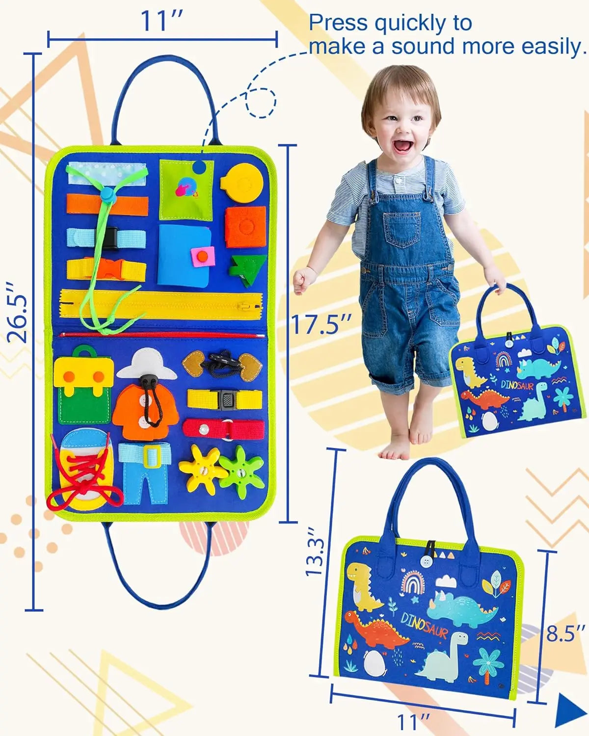 Toddler Busy Board Montessori Toys Learning Educational Activities Travel Toy Dinosaur Dress up Sensory Life Skill Backpack