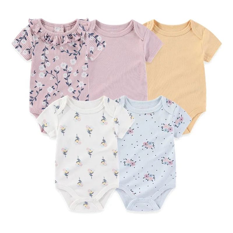 5-Piece Cartoon Cute Bbaby Boys Girl Bodysuits Soft Newborn Unisex Onesies Short Sleeve 0-12 Months Infant Clothes Summer Cloth