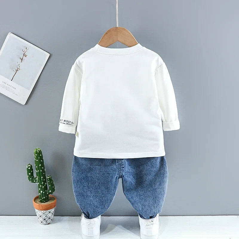 Baby boy clothes spring autumn fashion ripped denim suit letter denim jacket hooded vest + bottoming shirt + pants 3-piece set