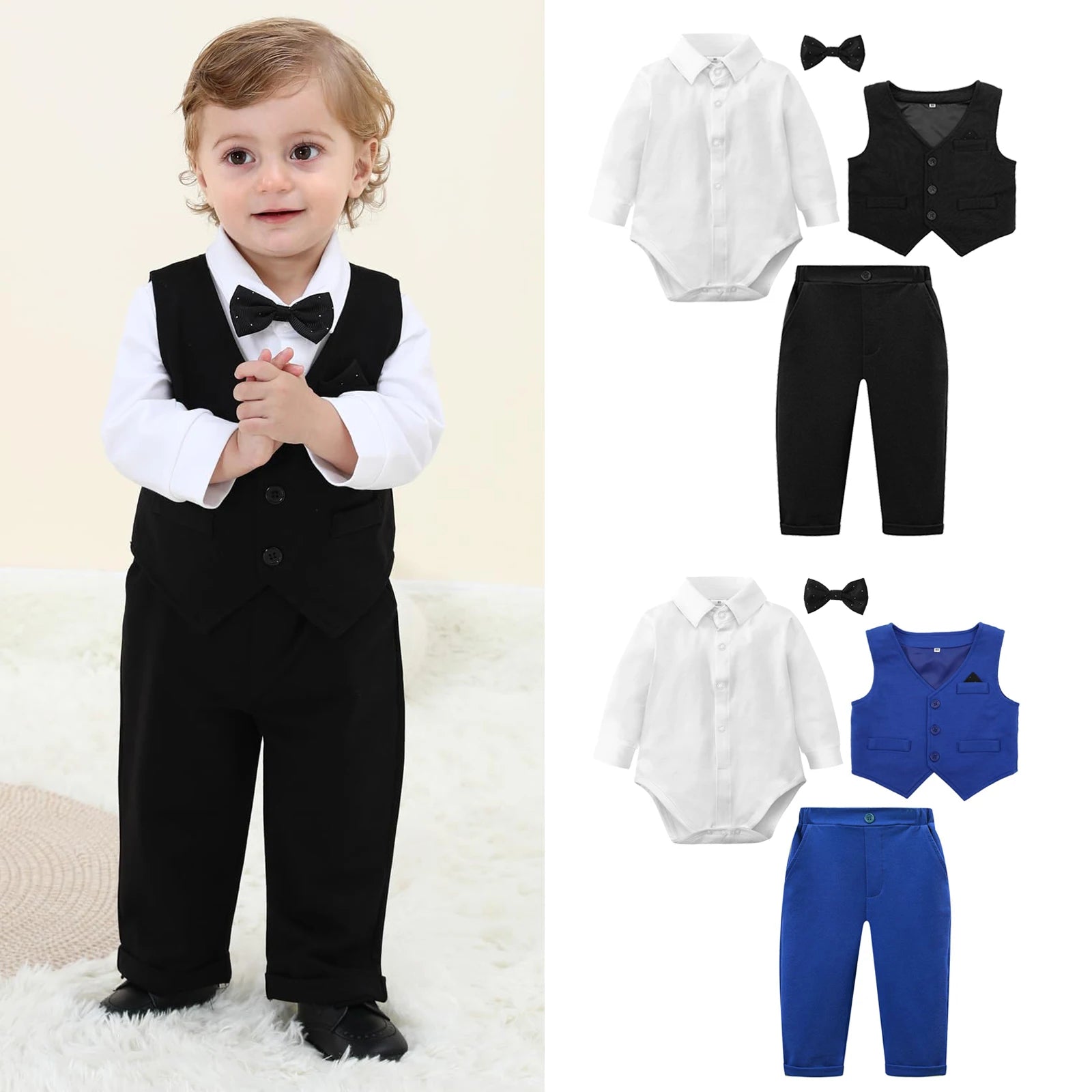 Baby Boys Suit Infant Formal Outfit Wedding 1st Birthday Dress Outfits Newborn Bodysuit Vest Pants Gentleman Clothes Sets
