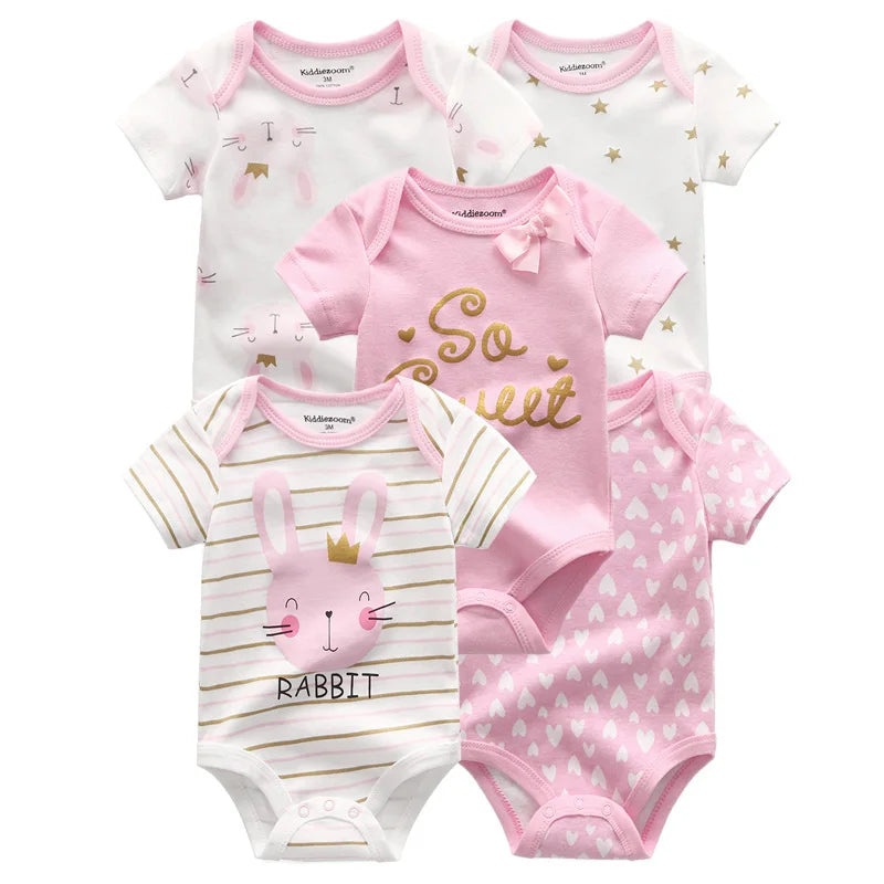 Kiddiezoom 5 Pcs/Lot Fashion Newborn Cartoon Short Sleeve Baby Boy Girl Bodysuits Soft 100%Cotton Infant Onesies Unisex Clothes