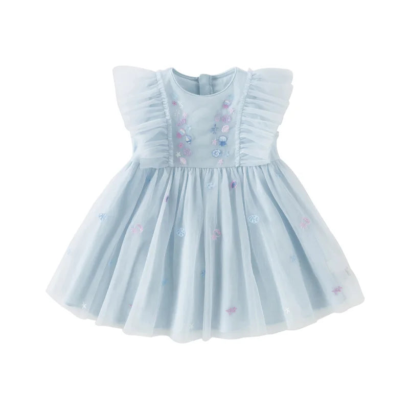 Dave Bella Girls Baby Princess Dress Summer Sweet Shell Embroidery Kids Mesh Elegant Dress Party Outdoor Seaside DB2251295