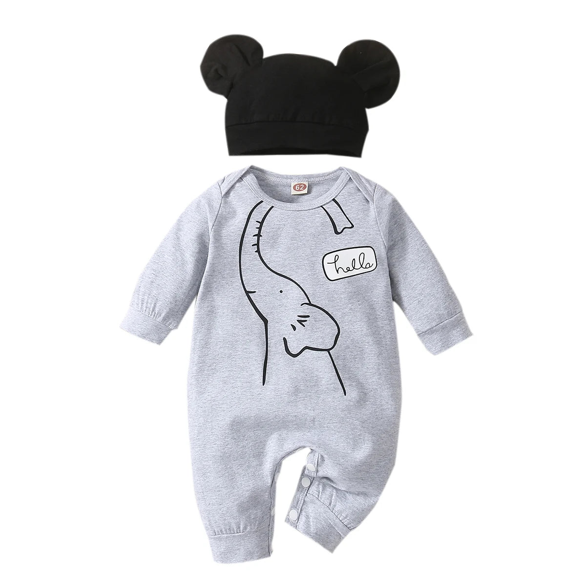 Autumn and winter baby boy cute casual fashion HELLO English letter long sleeved round neck jumpsuit+hat