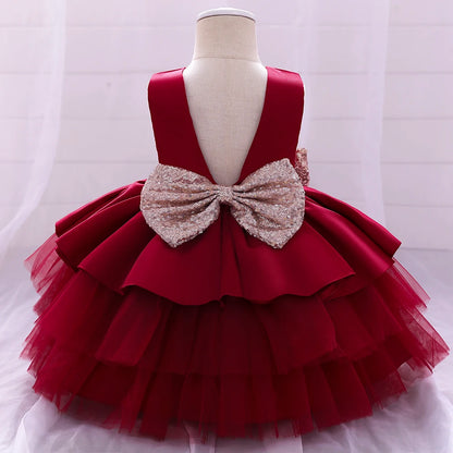 Summer Sequin Big Bow Baby Girl Dress Tulle 1st First Birthday Party Wedding Dress For Girl Princess Evening Dresses Kid Clothes