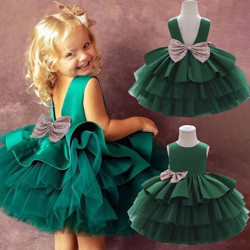 Summer Sequin Big Bow Baby Girl Dress Tulle 1st First Birthday Party Wedding Dress For Girl Princess Evening Dresses Kid Clothes
