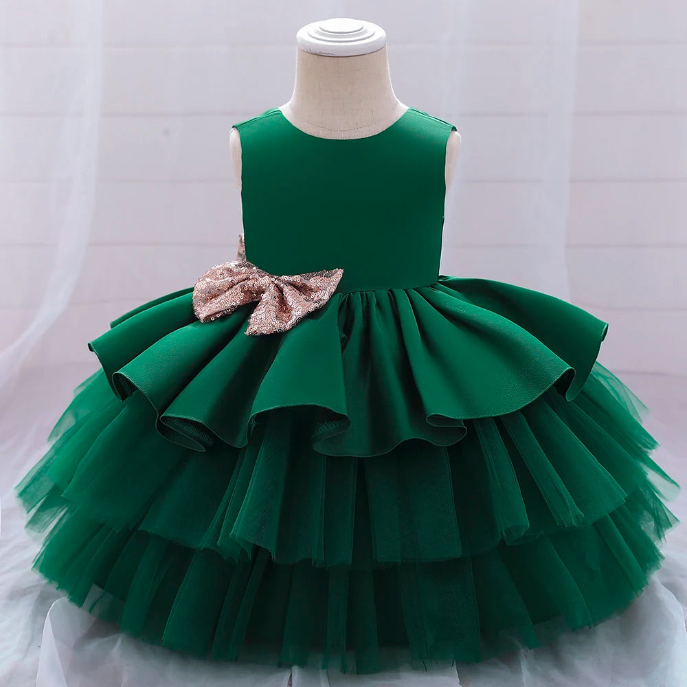 Summer Sequin Big Bow Baby Girl Dress Tulle 1st First Birthday Party Wedding Dress For Girl Princess Evening Dresses Kid Clothes