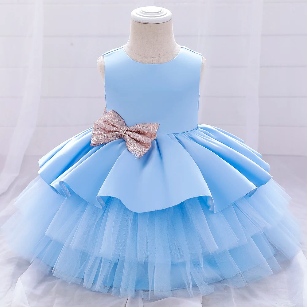 Summer Sequin Big Bow Baby Girl Dress Tulle 1st First Birthday Party Wedding Dress For Girl Princess Evening Dresses Kid Clothes