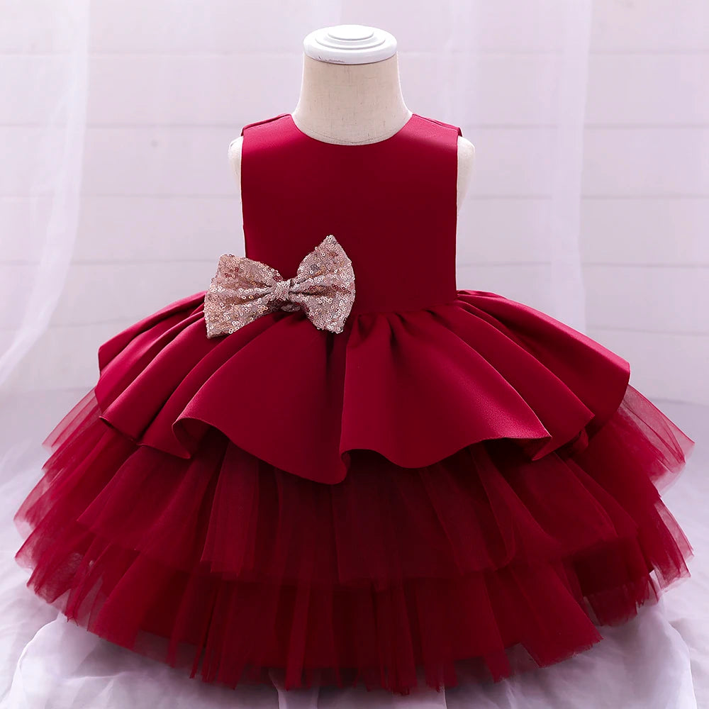 Summer Sequin Big Bow Baby Girl Dress Tulle 1st First Birthday Party Wedding Dress For Girl Princess Evening Dresses Kid Clothes