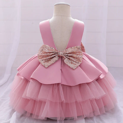 Summer Sequin Big Bow Baby Girl Dress Tulle 1st First Birthday Party Wedding Dress For Girl Princess Evening Dresses Kid Clothes