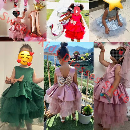 Summer Sequin Big Bow Baby Girl Dress Tulle 1st First Birthday Party Wedding Dress For Girl Princess Evening Dresses Kid Clothes