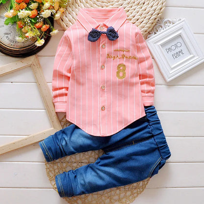 Kids Boys Clothes Baby Casual Bow Tie Shirt+Pants 2pcs Sets Summer Infant Denim Outfits Children Suits Toddler Clothing BC1219