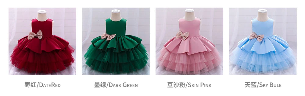 Summer Sequin Big Bow Baby Girl Dress Tulle 1st First Birthday Party Wedding Dress For Girl Princess Evening Dresses Kid Clothes