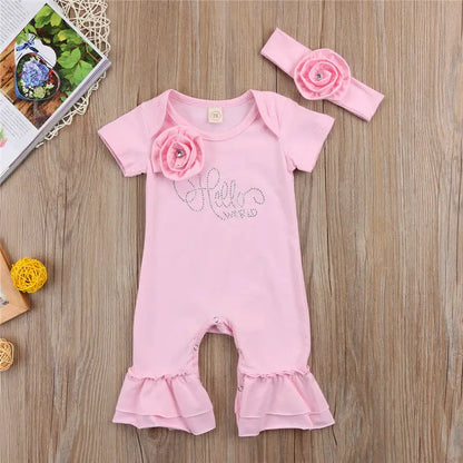 New Newborn Baby Flower Romper Girl Jumpsuit Headband Outfits Girls Clothes Set