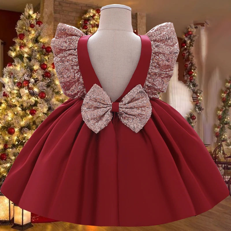 Summer Sequin Big Bow Baby Girl Dress Tulle 1st First Birthday Party Wedding Dress For Girl Princess Evening Dresses Kid Clothes