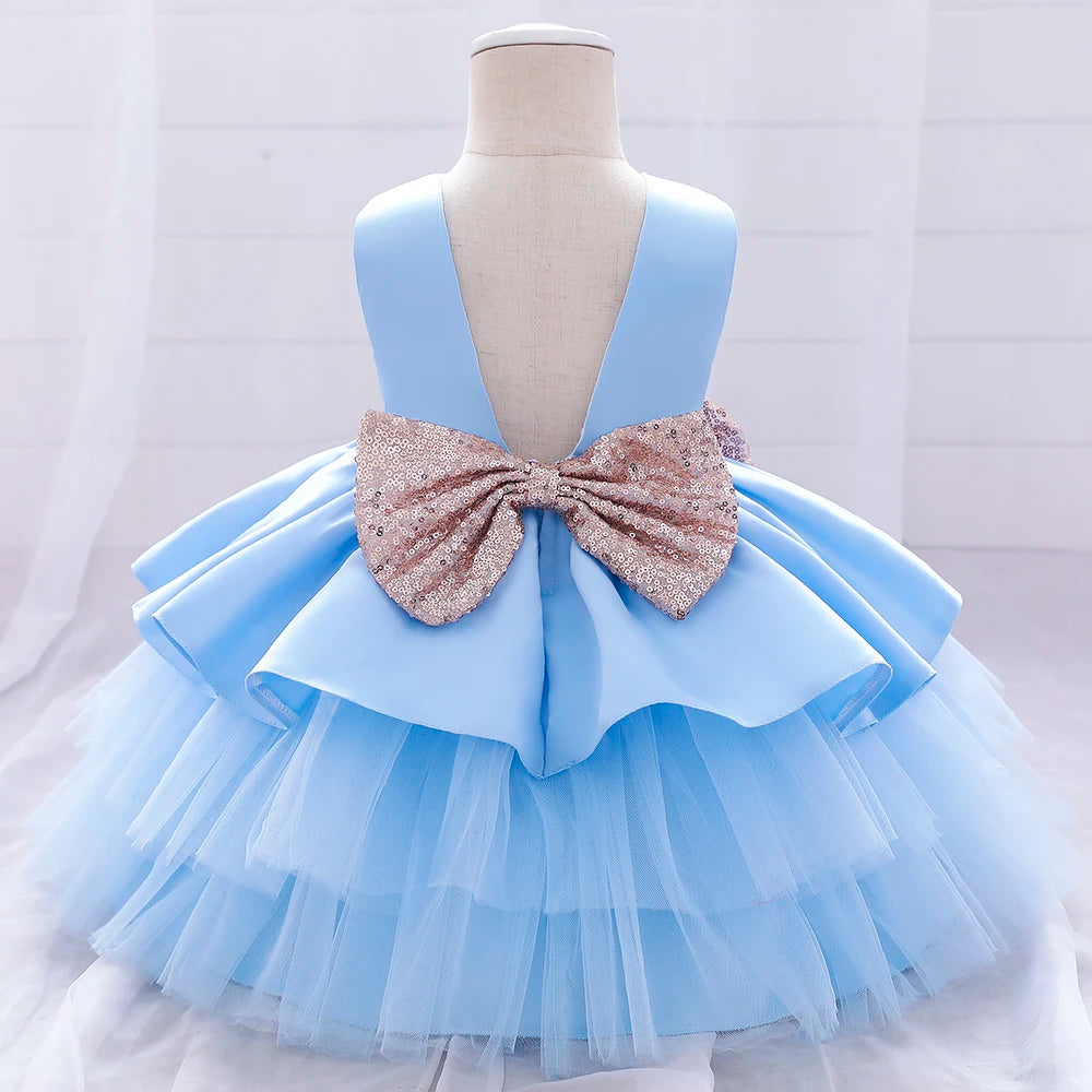 Summer Sequin Big Bow Baby Girl Dress Tulle 1st First Birthday Party Wedding Dress For Girl Princess Evening Dresses Kid Clothes