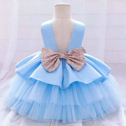 Summer Sequin Big Bow Baby Girl Dress Tulle 1st First Birthday Party Wedding Dress For Girl Princess Evening Dresses Kid Clothes