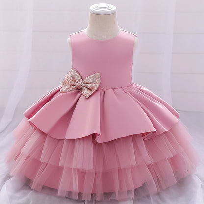 Summer Sequin Big Bow Baby Girl Dress Tulle 1st First Birthday Party Wedding Dress For Girl Princess Evening Dresses Kid Clothes