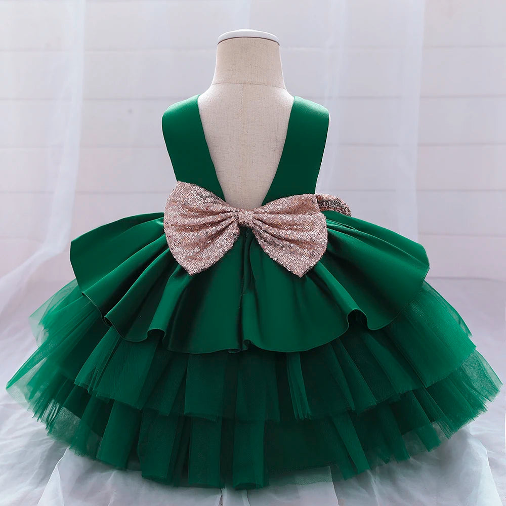 Summer Sequin Big Bow Baby Girl Dress Tulle 1st First Birthday Party Wedding Dress For Girl Princess Evening Dresses Kid Clothes