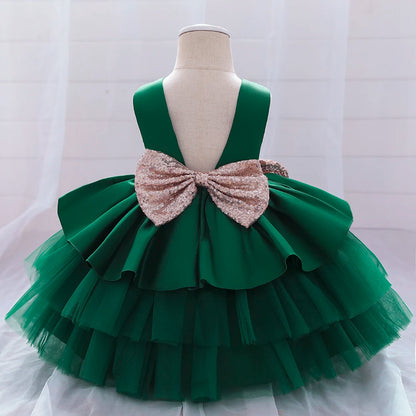 Summer Sequin Big Bow Baby Girl Dress Tulle 1st First Birthday Party Wedding Dress For Girl Princess Evening Dresses Kid Clothes