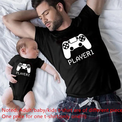 Player 1 Player 2 Matching Family Clothes Father Mother Kids Tshirts Dad Boy Match Tops Players Shirts Family Look Clothes