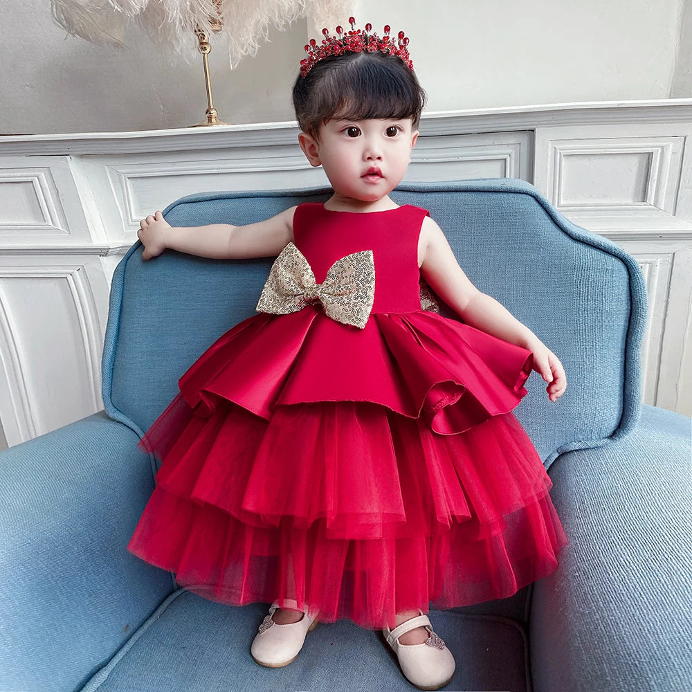 Summer Sequin Big Bow Baby Girl Dress Tulle 1st First Birthday Party Wedding Dress For Girl Princess Evening Dresses Kid Clothes