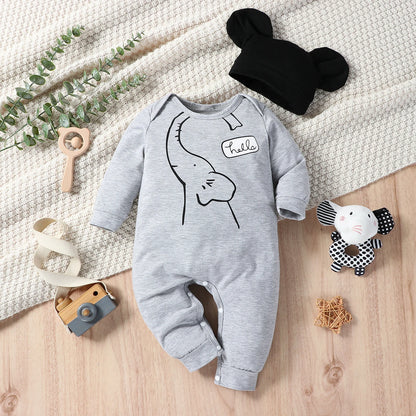 Autumn and winter baby boy cute casual fashion HELLO English letter long sleeved round neck jumpsuit+hat