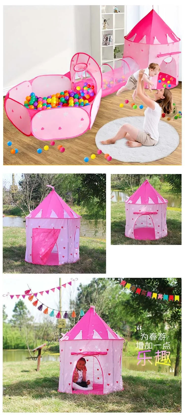 3 In 1 Kid Tent House Play Toy Tunnel Crawling Playhouse Castle Portable Children Ocean Ball Pool Pit Baby Folded Indoor Outdoor