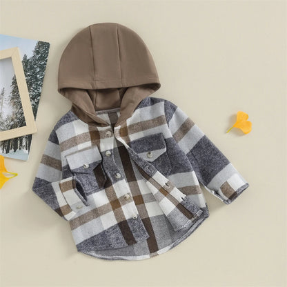 0-4Y Kids Boys Plaid Jacket Baby Autumn Clothing Long Sleeve Button Closure Hooded Plaid Outerwear Children Coats Streetwear