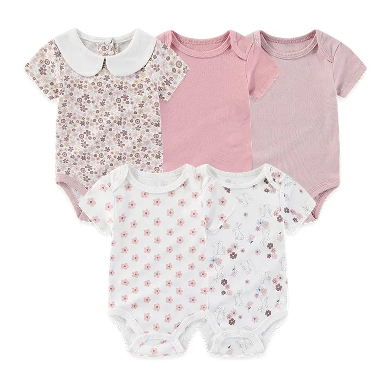 5-Piece Cartoon Cute Bbaby Boys Girl Bodysuits Soft Newborn Unisex Onesies Short Sleeve 0-12 Months Infant Clothes Summer Cloth