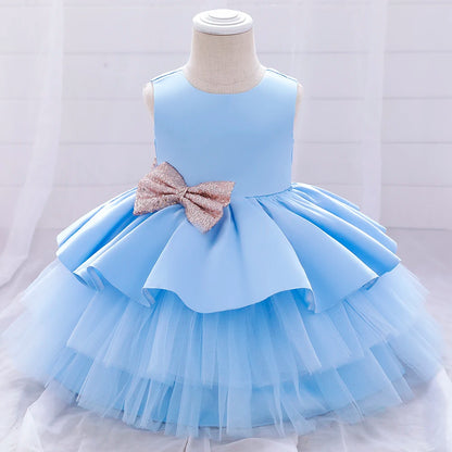 Summer Sequin Big Bow Baby Girl Dress Tulle 1st First Birthday Party Wedding Dress For Girl Princess Evening Dresses Kid Clothes