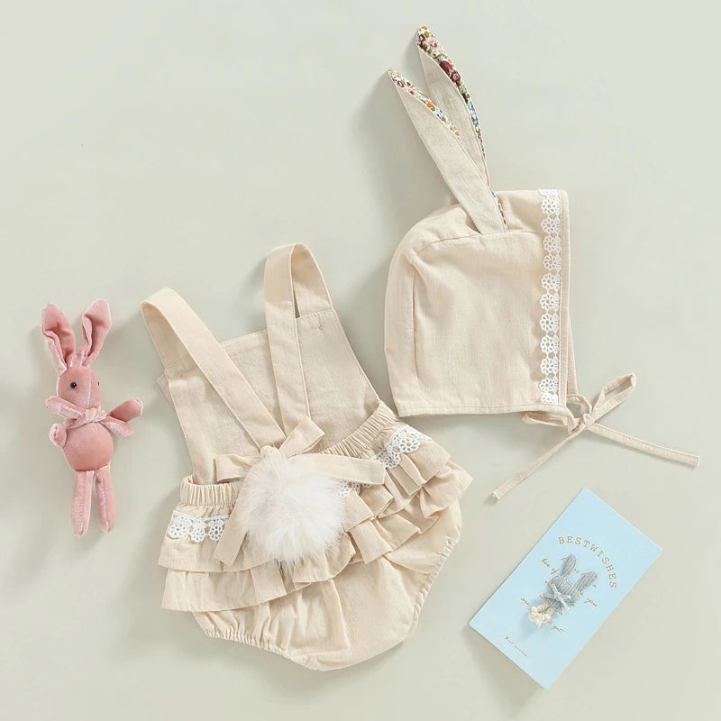 0-18M Newborn Baby Girl Easter Outfit Vintage Overalls and Bunny Ears/Toddler Dress Sister Mathing Clothes with Tail