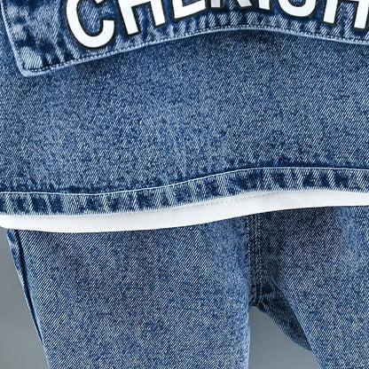 Baby boy clothes spring autumn fashion ripped denim suit letter denim jacket hooded vest + bottoming shirt + pants 3-piece set