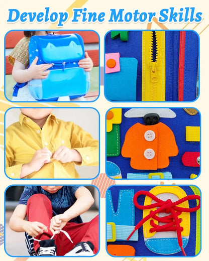 Toddler Busy Board Montessori Toys Learning Educational Activities Travel Toy Dinosaur Dress up  Sensory Life Skill Backpack