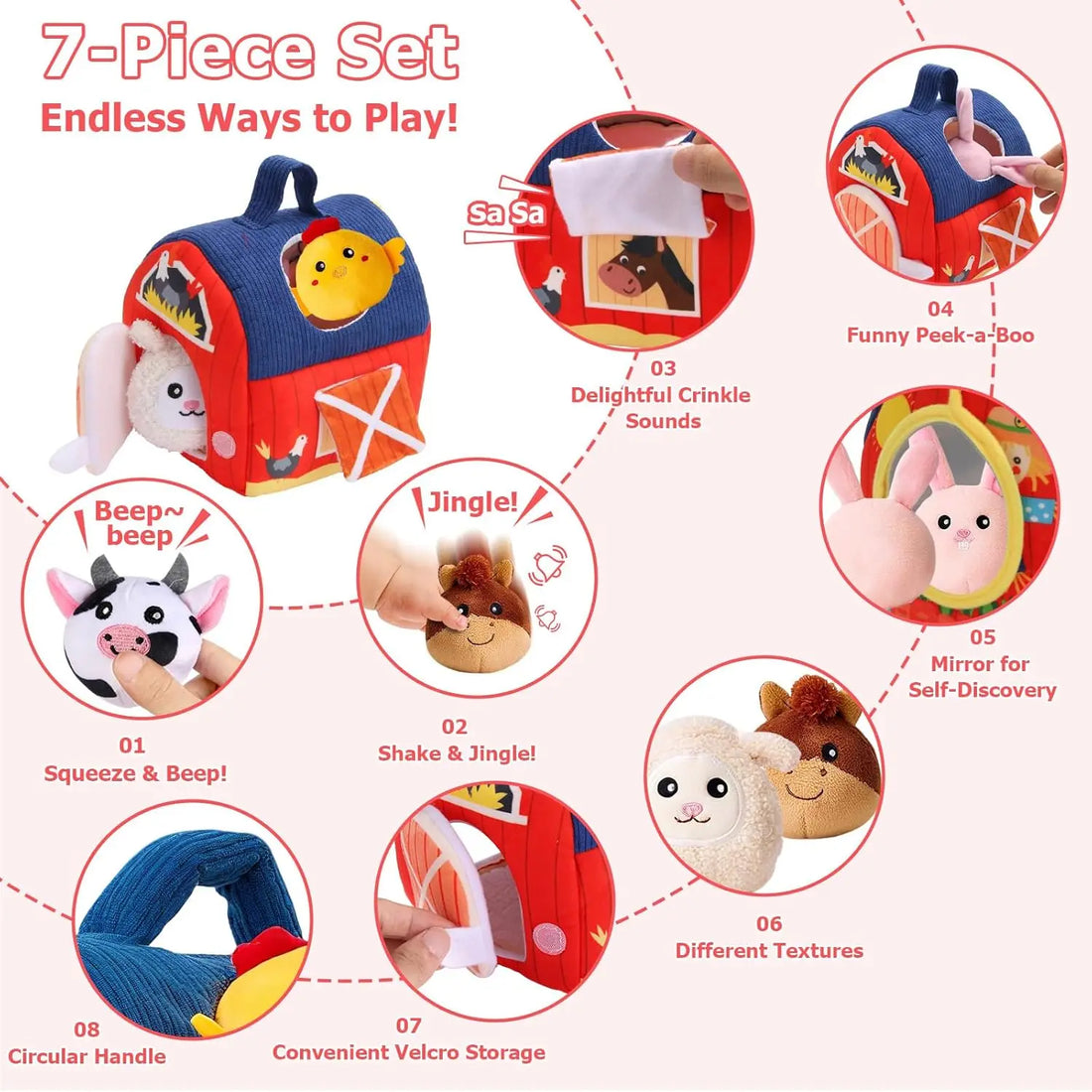 Baby Toys 6-12 Months Infant Barn Toy with Stuffed Farm Animals Rattle Crinkle Squeak Mirror Montessori Sensory Toys Gift