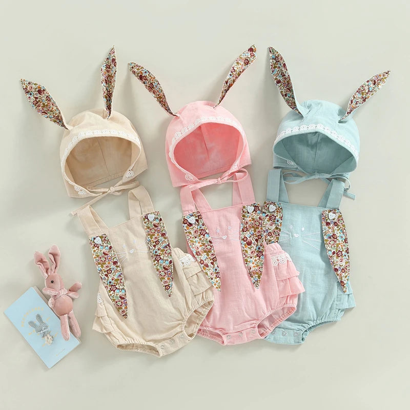 0-18M Newborn Baby Girl Easter Outfit Vintage Overalls and Bunny Ears/Toddler Dress Sister Mathing Clothes with Tail