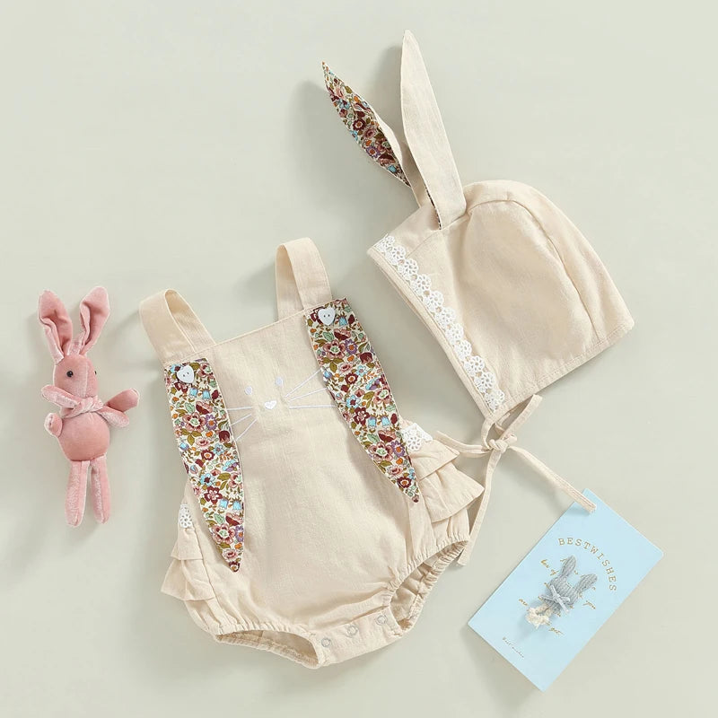 0-18M Newborn Baby Girl Easter Outfit Vintage Overalls and Bunny Ears/Toddler Dress Sister Mathing Clothes with Tail