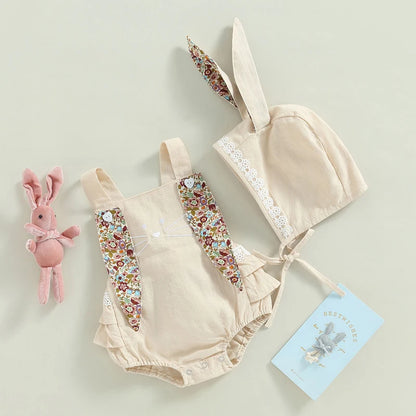0-18M Newborn Baby Girl Easter Outfit Vintage Overalls and Bunny Ears/Toddler Dress Sister Mathing Clothes with Tail