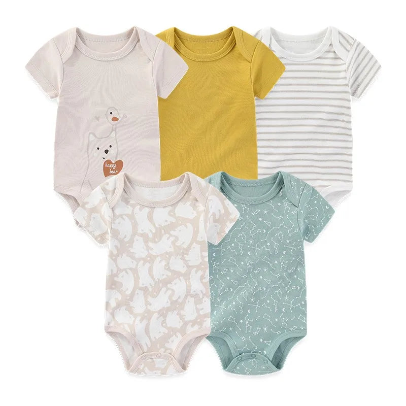5-Piece Cartoon Cute Bbaby Boys Girl Bodysuits Soft Newborn Unisex Onesies Short Sleeve 0-12 Months Infant Clothes Summer Cloth