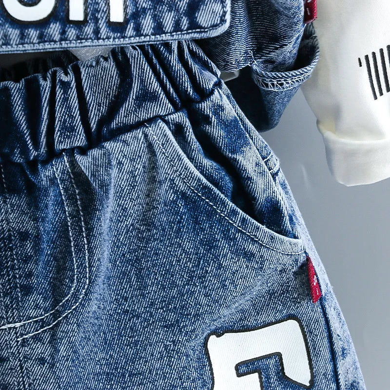 Baby boy clothes spring autumn fashion ripped denim suit letter denim jacket hooded vest + bottoming shirt + pants 3-piece set