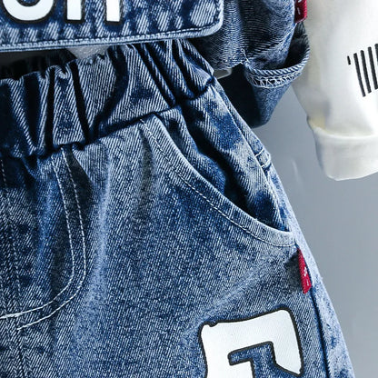 Baby boy clothes spring autumn fashion ripped denim suit letter denim jacket hooded vest + bottoming shirt + pants 3-piece set