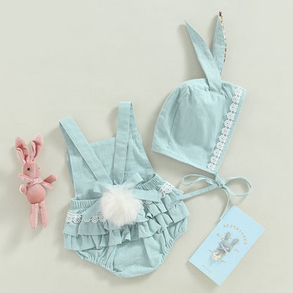0-18M Newborn Baby Girl Easter Outfit Vintage Overalls and Bunny Ears/Toddler Dress Sister Mathing Clothes with Tail