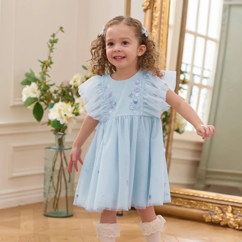 Dave Bella Girls Baby Princess Dress Summer Sweet Shell Embroidery Kids Mesh Elegant Dress Party Outdoor Seaside DB2251295