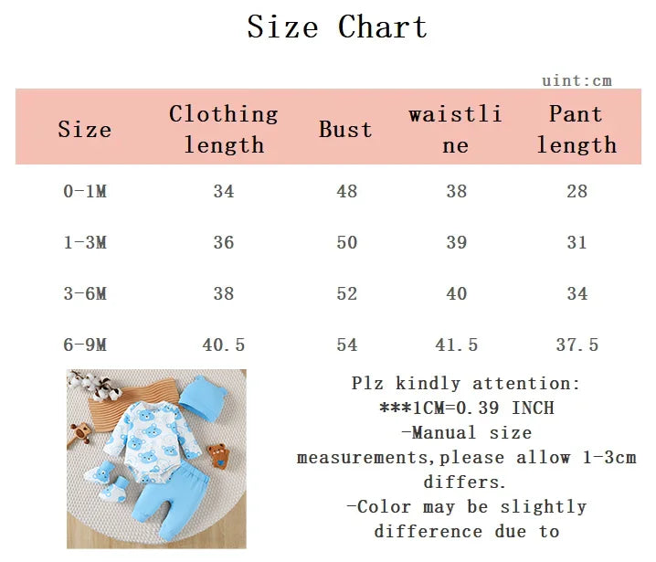 Newborn Baby boy Set Little bear Long sleeved Jumpsuit+Long Pants+Hat+Socks 4Pcs/Set 0-9 Month Baby boy Spring and Autumn Set