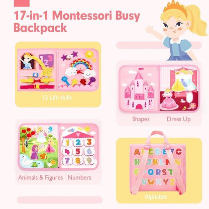 Toddler Busy Board Montessori Toys Learning Educational Activities Travel Toy Dinosaur Dress up  Sensory Life Skill Backpack